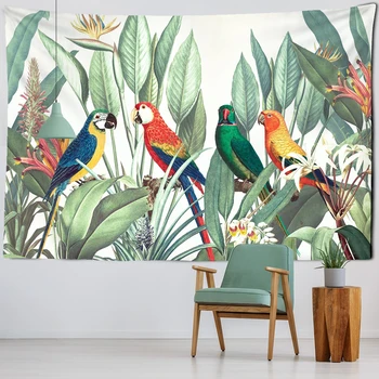 

Palm Tree Parrot Tapestry Wall Hanging Tropical Leaves Flowers Pattern Beach Wall Tapestry Animal Backdrop Wall Cloth Carpet