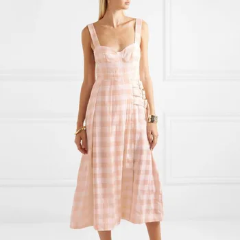 

Women Plaid Strap Dress High Waist Tunic Midi Summer Dress