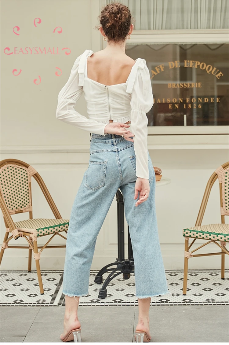 EASYSMALL for love lemons женское весеннее платье с квадратным воротником, Высококачественная уличная одежда с высокой талией, Длинные Блузки с пышными рукавами