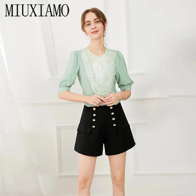 

2021 New Summer Women's Suit Peter Pan Collar Chiffon Midsleeved Shirt +Double Breasted Fashion Shorts