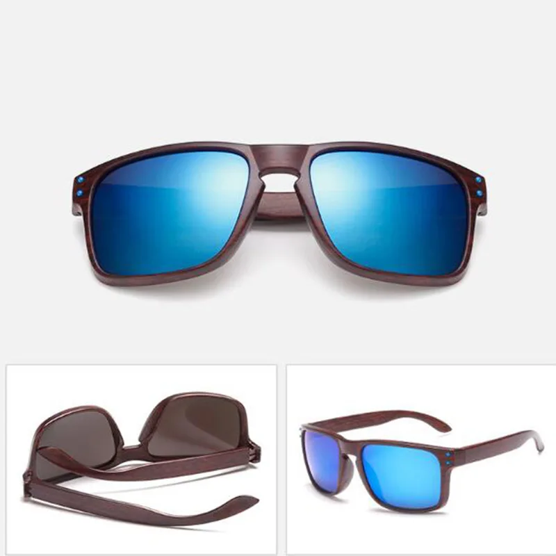 RBROVO, винтажные женские солнцезащитные очки с имитацией древесины, фирменный дизайн, уникальные деревянные очки, отражающие зеркальные очки Oculos De Sol - Цвет линз: Brown Blue