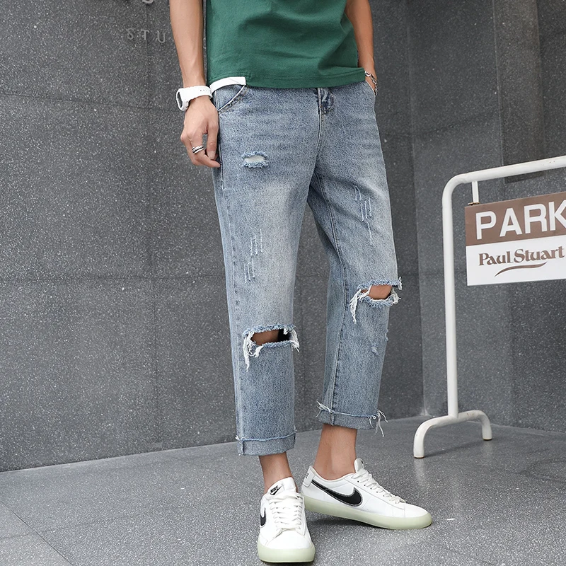

Summer Ripped Jeans Men's Fashion Washed Retro Casual Straight Jeans Men Streetwear Hip Hop Loose Ripped Denim Trousers S-2XL