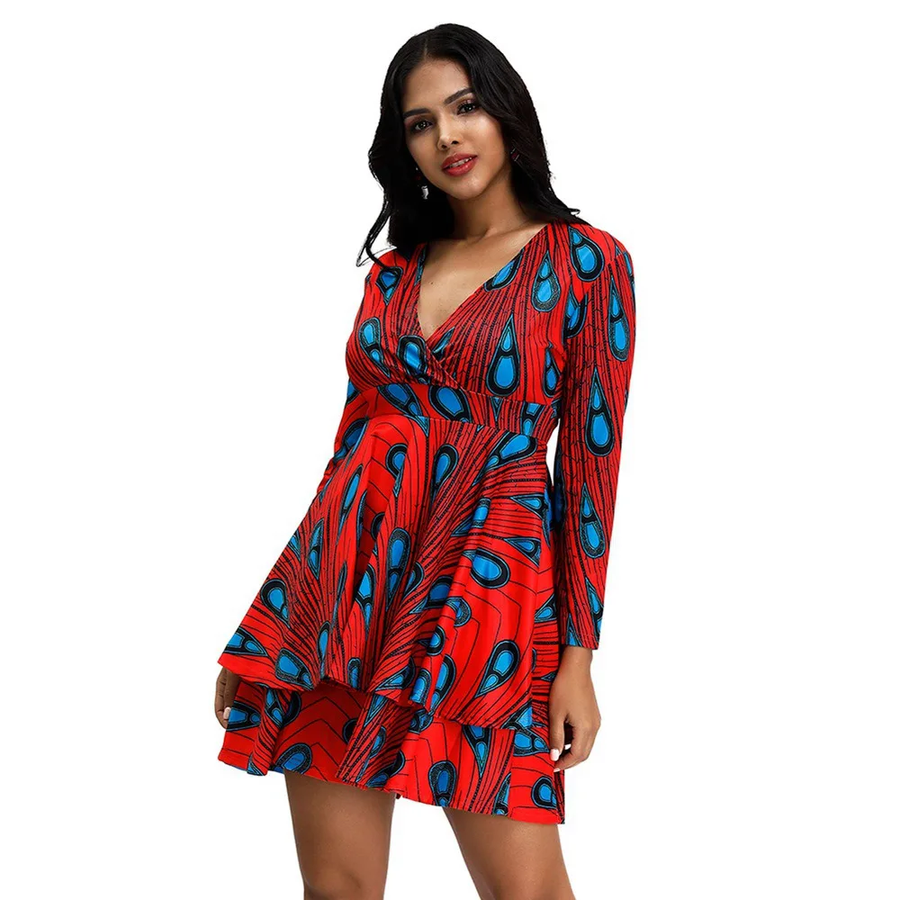 SUNGIFT, Африканское стильное платье для женщин, Дашики, перо, геометрический принт, длинный рукав, v-образный вырез, осень 2019, сексуальные