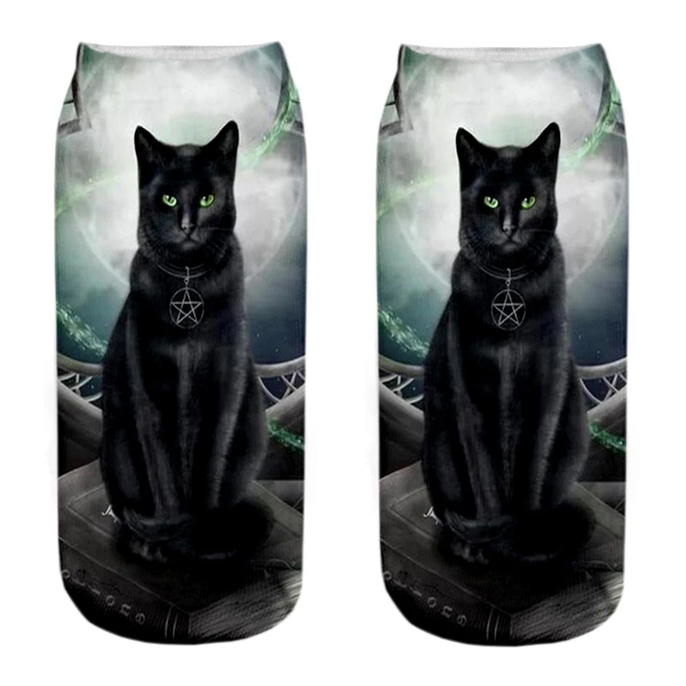 1 paar Neue 3D Druck Coole Mode Lustige Zwei Katzen Socken Frauen Kurze Sox Kunst Neuheit Geschenk Gothic Nacht Halloween männer Dropship – Detail 8