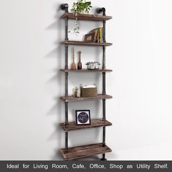 

iKayaa 3/6 Tier Rustic Industrial Ladder Wall Shelves with Wood Planks DIY Iron Pipe Standing Book Shelf Utility Storage Rack