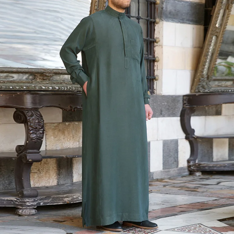 Мусульманская одежда для мужчин jubba ТОБ абайя Дубай сплошной длинный рукав тонкие длинные халаты Мужская Арабская одежда кафтан платье - Цвет: Green