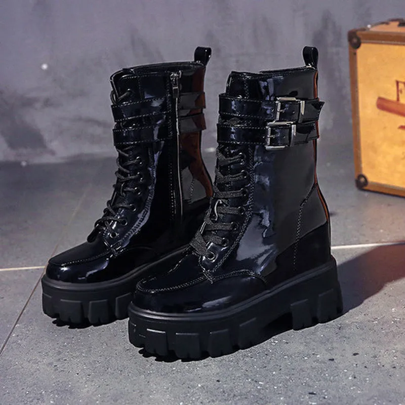 Womens Round Toe Ankel Martin Boots Lace Up Platform Wedeg Hidden 10CM Heel Punk Motorcycle Shoes New 5Colors A1811