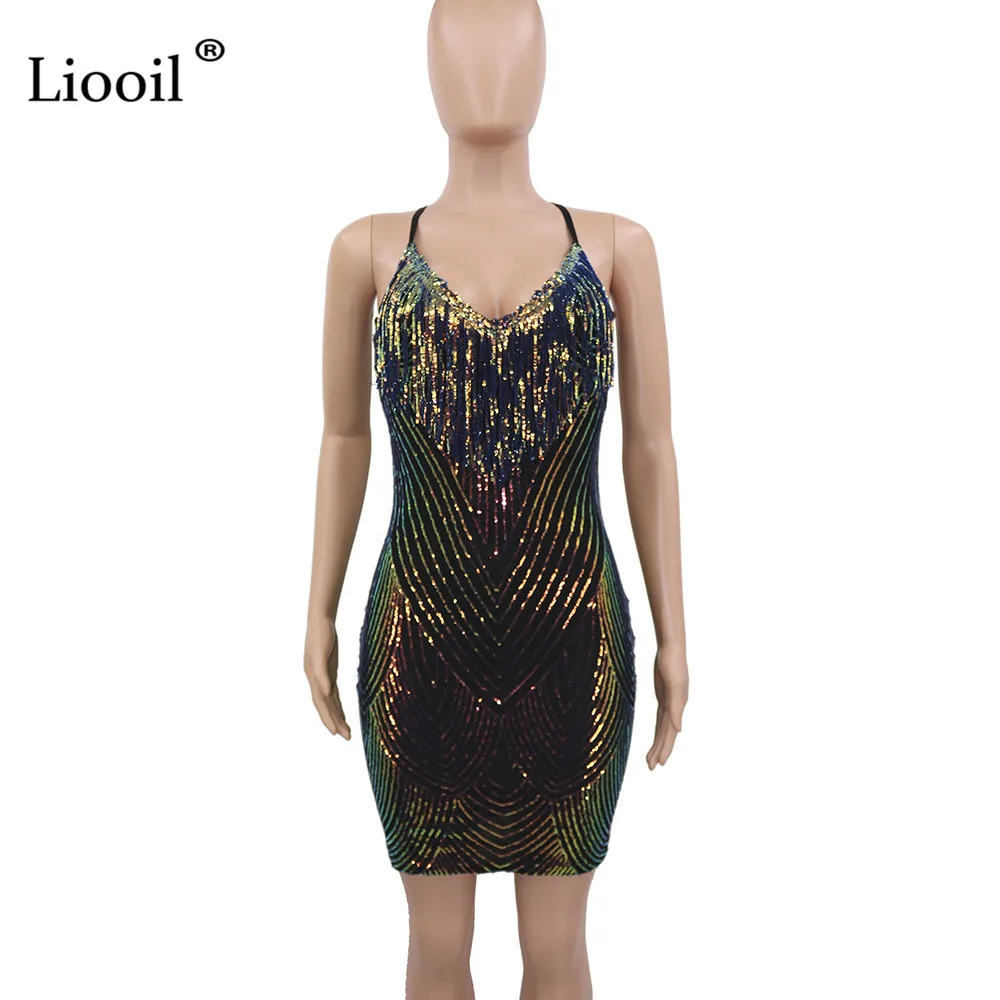 Liooil, сексуальное, с блестками, с кисточками, облегающее, мини платье, для женщин, Клубная одежда,, без рукавов, v-образный вырез, на тонких бретелях, обтягивающие, вечерние, для ночного клуба