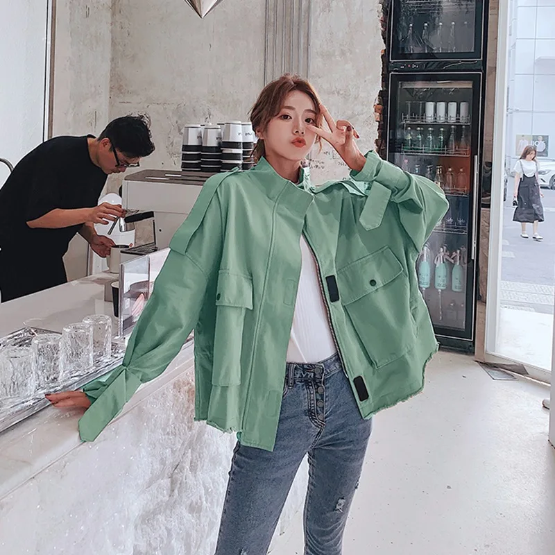 

Photo Shoot South Korea Three-Color Stand Collar Handsome BF Loose And Plus-sized Workwear Trench Coat Irregular Short Jacket Wo
