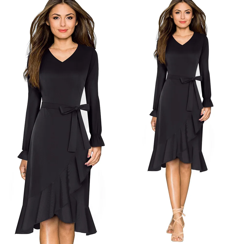 Хорошее-forever винтажное элегантное одноцветное платье с поясом vestidos вечерние несимметричные женские осенние платья A184