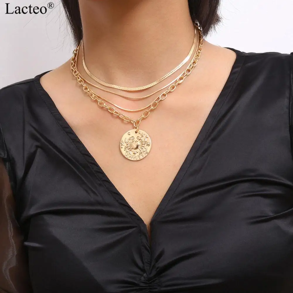 

Lacteo Vintage Carved Coin Cancer Pendant Necklace Jewelry for Women 2019 Hip Hop 4 Multi Layered Snake Chain Choker Necklace