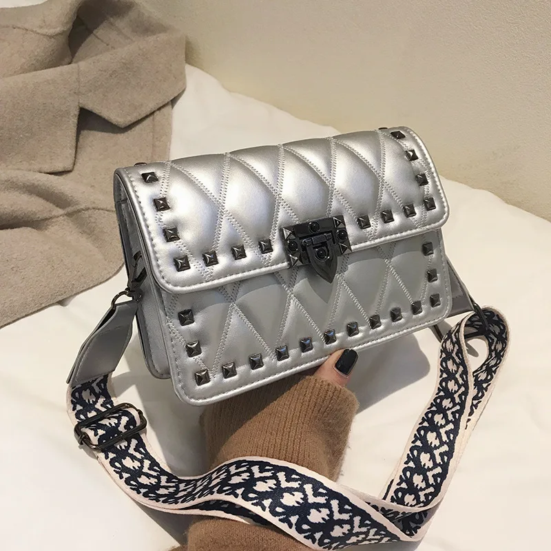 Bolsa Mujer сумки для женщин с заклепками роскошные сумки женские сумки дизайнерские ромбовидные решетки кожаные сумки через плечо сумка-мессенджер - Цвет: Серебристый