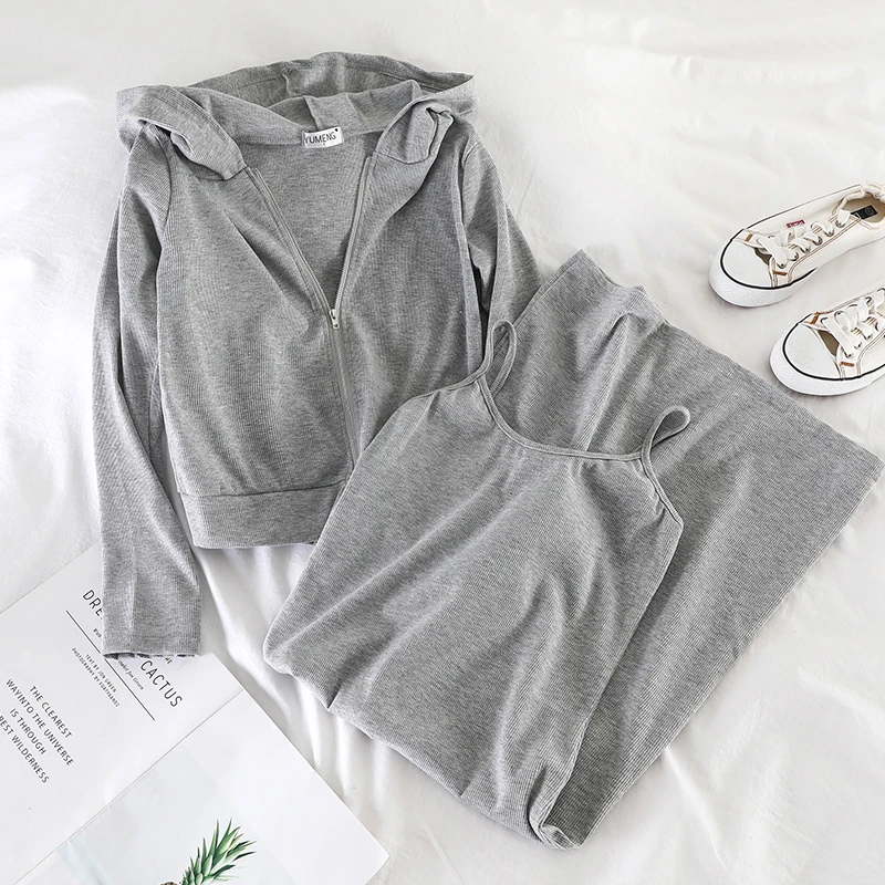 

2019 new fashion women's two piece set Simple hooded loose casual jacket + straight strap dress two-piece female
