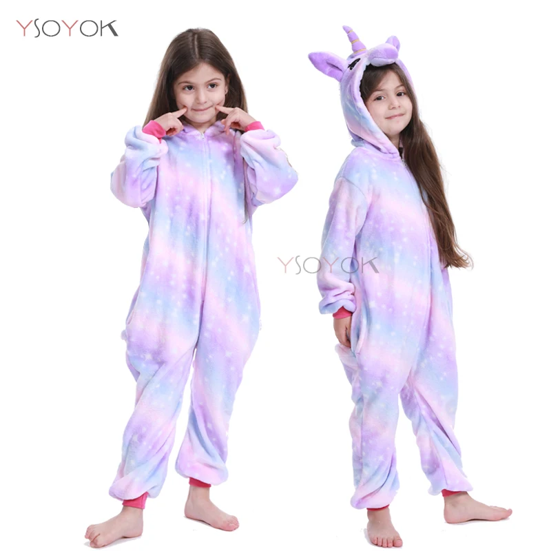 Kigurumi/зимняя Пижама для мальчиков и девочек; комбинезон с единорогом из мультфильма; детская одежда для сна; фланелевый теплый комбинезон; детские пижамы - Цвет: Purple star unicorn