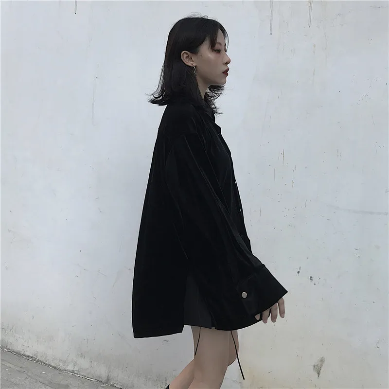 Lychee harajuku, темная однотонная женская бархатная рубашка, топ, повседневная, свободная, на пуговицах, женские блузки, весна, осень, зима, женские Рубашки, Топы