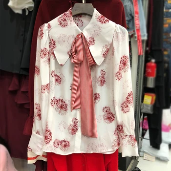 

Ladies Blouse Vintage Printed Chiffon Shirt Female Loose Bow Lapel Long Sleeve Shirt Office Womens Blouses All-match Top Blusas