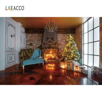 

Laeacco Christmas Interior Photophone Chic Wall Window Chandelier Tree Fireplace Sofa Light Photography Backdrops Backgrounds