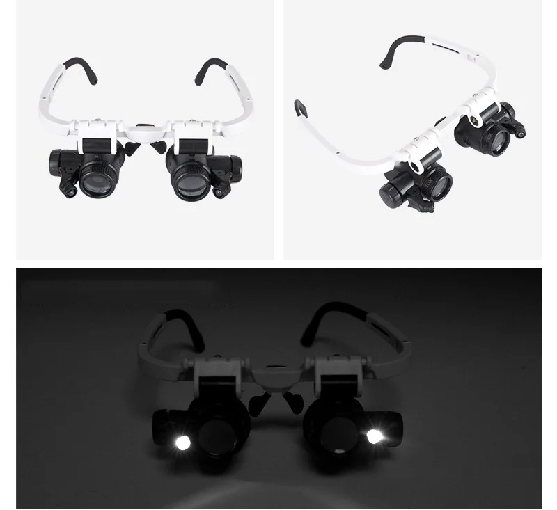 Headband Eye Wear Glasses Magnifier 7X 10X 15X 25X 2 LED Light Magnifying Glass Engraving Watchmaker Magnifier Loupe Binocular