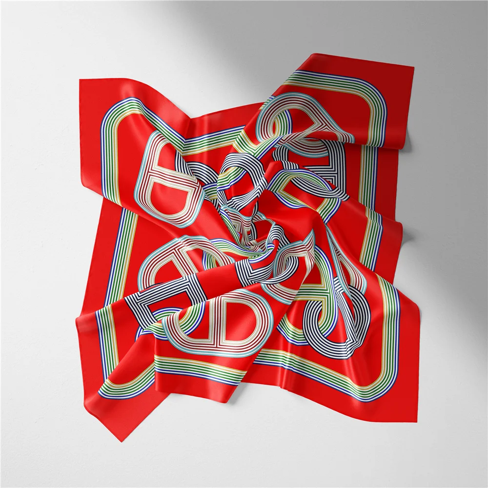 POBING Twill Silk Scarf Woman Chain Print Square Scarves Wraps Bandana Small Hijab Foulards Lady Tie Headband Neckerchief 53CM