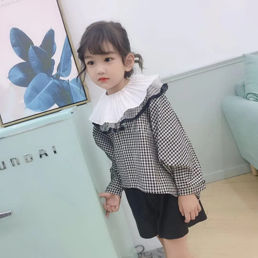 

2019 autumn new Korean version of the small fresh lace collar net red plaid shirt in the children's pullover tide