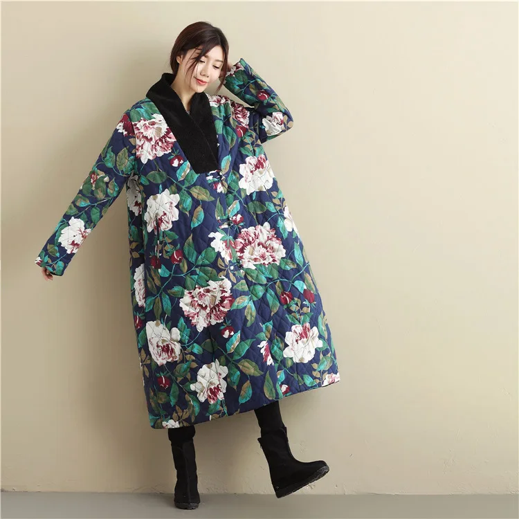 

Ethnic-Style Cotton-padded Clothes Women's Mid-length Winter Chinese-style Cotton Linen Retro Printed Loose-Fit Padded Coat Larg