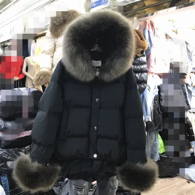 Корейское Женское зимнее пальто, воротник из натурального меха с манжетами, свободная куртка с оборками, тонкая женская короткая куртка с хлопковой подкладкой, Manteau Femme - Цвет: real fur black