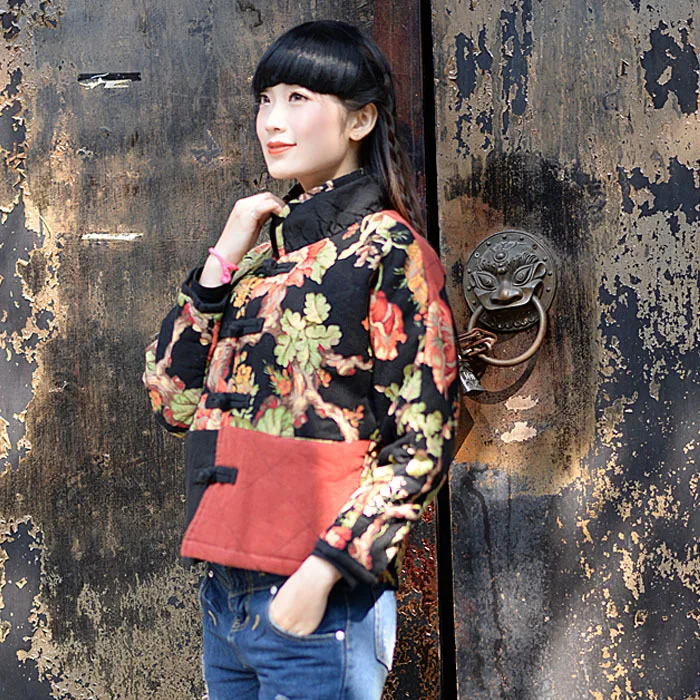 

Guduo Autumn And Winter Women's Mixed Colors High-End Hooded Cotton Jacket Ethnic-Style Frog Short Tops Cotton-padded Clothes