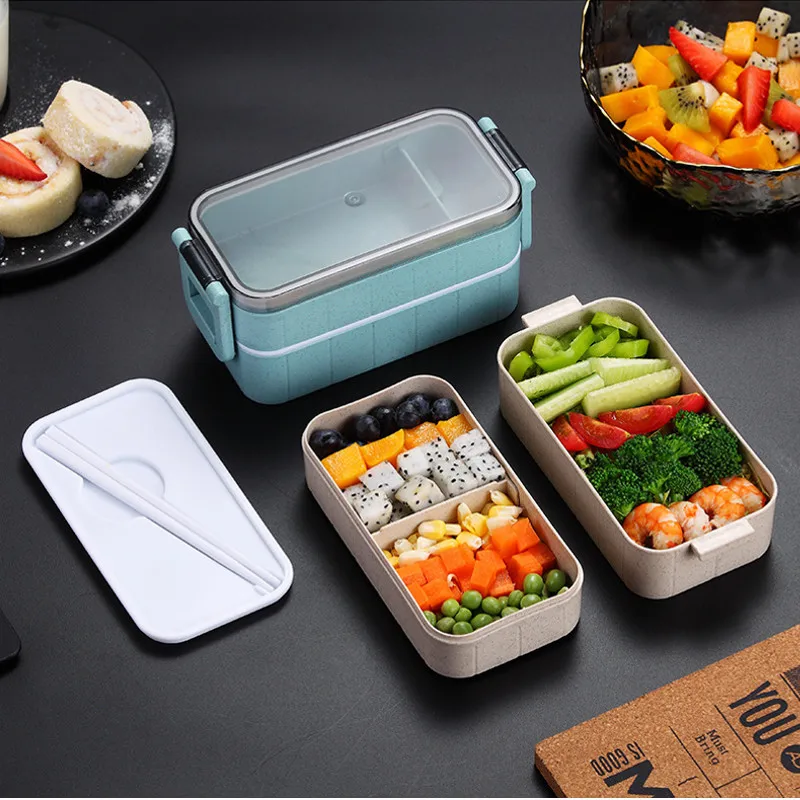 Синий 400 мл японская портативная микроволновая печь Bento Box 2 слоя пшеничной соломы детский Ланч-бокс Герметичный для детей школьный контейнер для хранения еды - Цвет: Синий