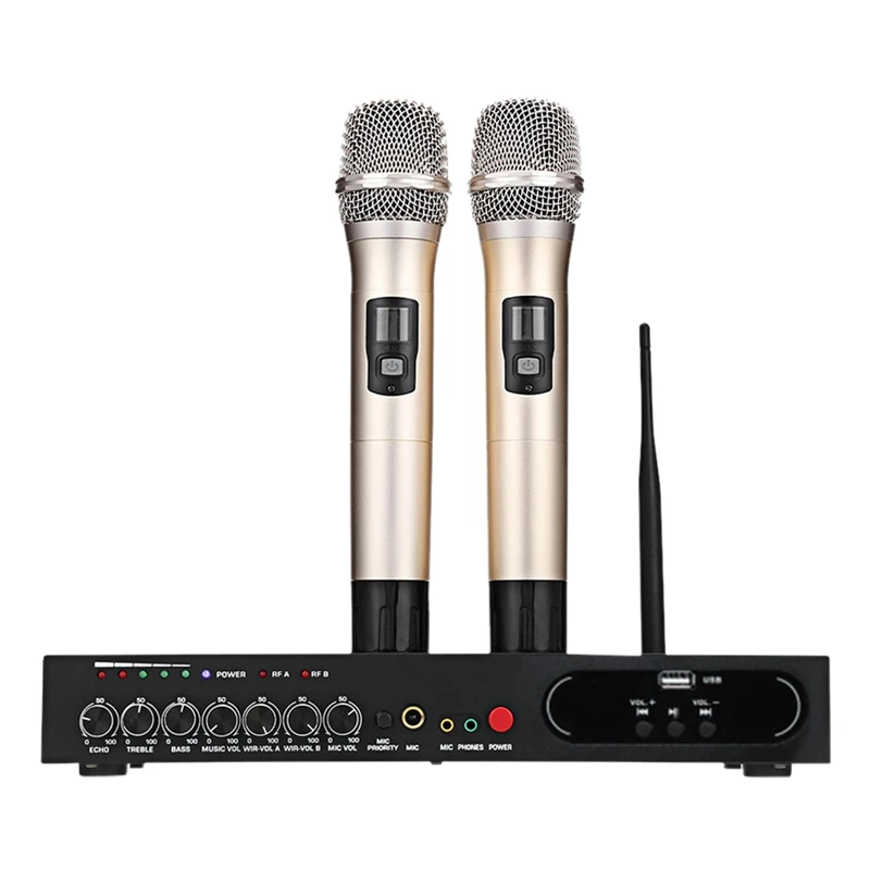 MU-6S Wireless Handheld Microphone Dual Channel UHF System Fixed Frequencies Bluetooth Dynamic Cartridge Echo Effect EU Plug
