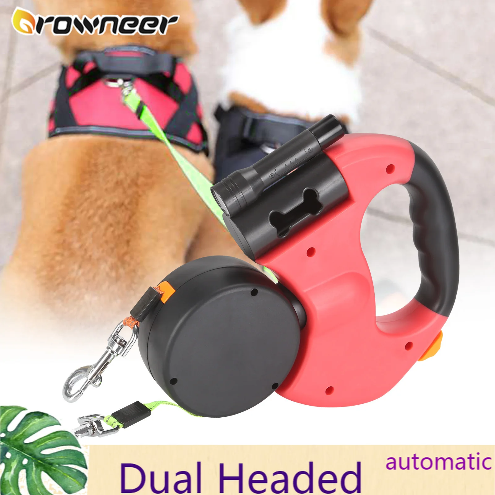 Dual Headed Pet Leashes 360 Degree Automatic Retractable Traction Rope Self Sealing Nylon Universal Dog Outdoor Walking Chain