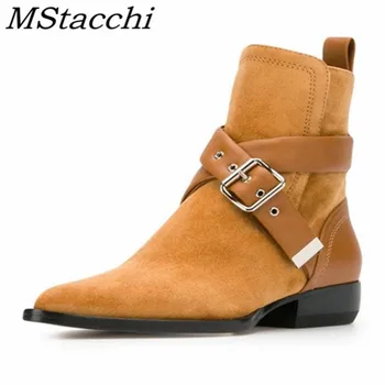 

MStacchi Elegant Ankle Boots For Women Pointed Toe Women Flat Boots Leather Plush In Boots External Decorated Mature Shoes Women