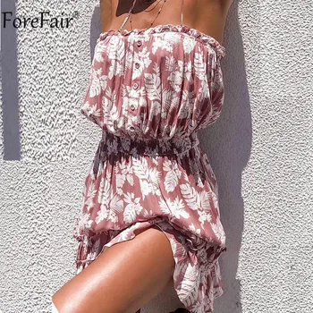 

Forefair Off Shoulder Floral Print Dress Boho Beach Women Summer A Line Ruffle Pink Casual Mini Spaghetti Strap Dresses Backless