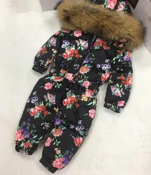 

Mother baby 2019 winter Real Raccoon fur Hooded Snow Wear Warm Outerwear Ski wear