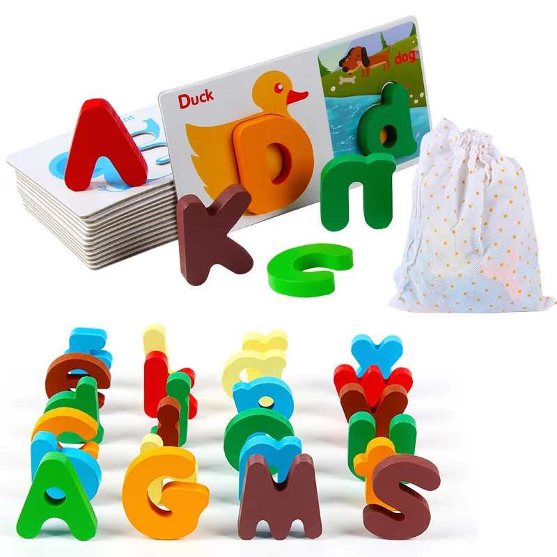 

Children Early Childhood Educational Toy Cognitive Card Case English Lettered Matching Building Blocks Wooden Puzzle 3-6-Year-Ol