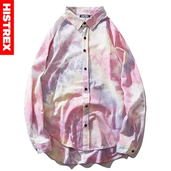 

HISTREX 100 Cotton Long Sleeve Pink Green Tie dyeing Men Shirt Harajuku Male Social Fashions Cotton Casual Designe X47A8#
