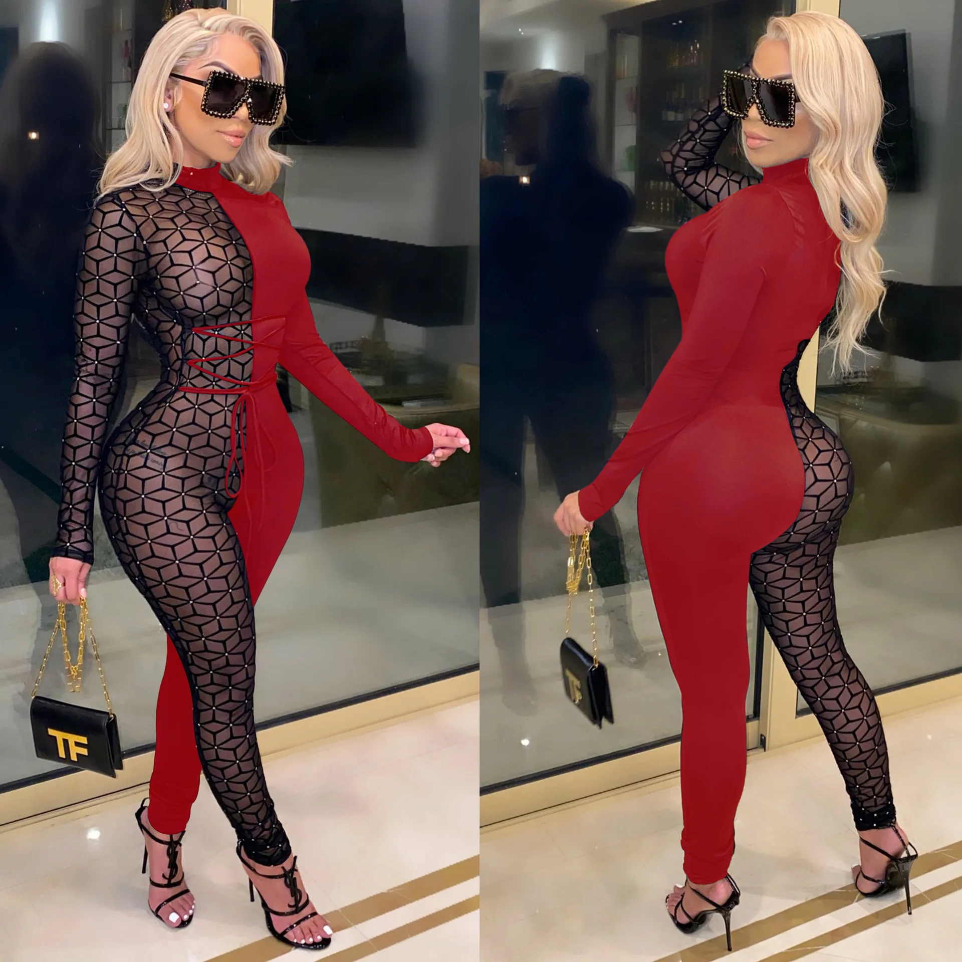 Sexy Sheer Mesh Color Patchwork See Through Night Party Club Skinny Jumpsuit Women Turtleneck Long Sleeve Romper Outfit Overalls corset bodysuit