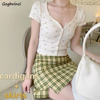 

Women Sets Summer Short Sleeve Floral Cardigans Plaid High Waist Side Slit Sheath Skirts Elegant Chic Leisure Streetwear Stylish