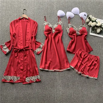 

Nightwear Female Satin Kimono Bathrobe Gown 4PCS Sleep Set Casual Intimate Lingerie Nightdress Sexy Home Clothes Sleepwear
