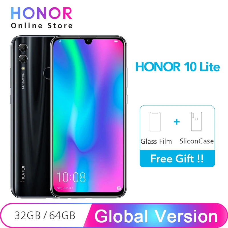 Глобальная версия, Honor 10 Lite, 32 ГБ/64 ГБ, смартфон, четыре ядра, 6,21 дюймов, 2340X1080 P, 24 МП, фронтальная камера, Android 9,0