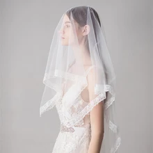 Женское прямоугольное Свадебное кружево для свадебной вуали по краям элегантная длинная вуаль с кончиком пальцев цвета слоновой кости чудесный однослойный Тюль аксессуары для головы(заколки