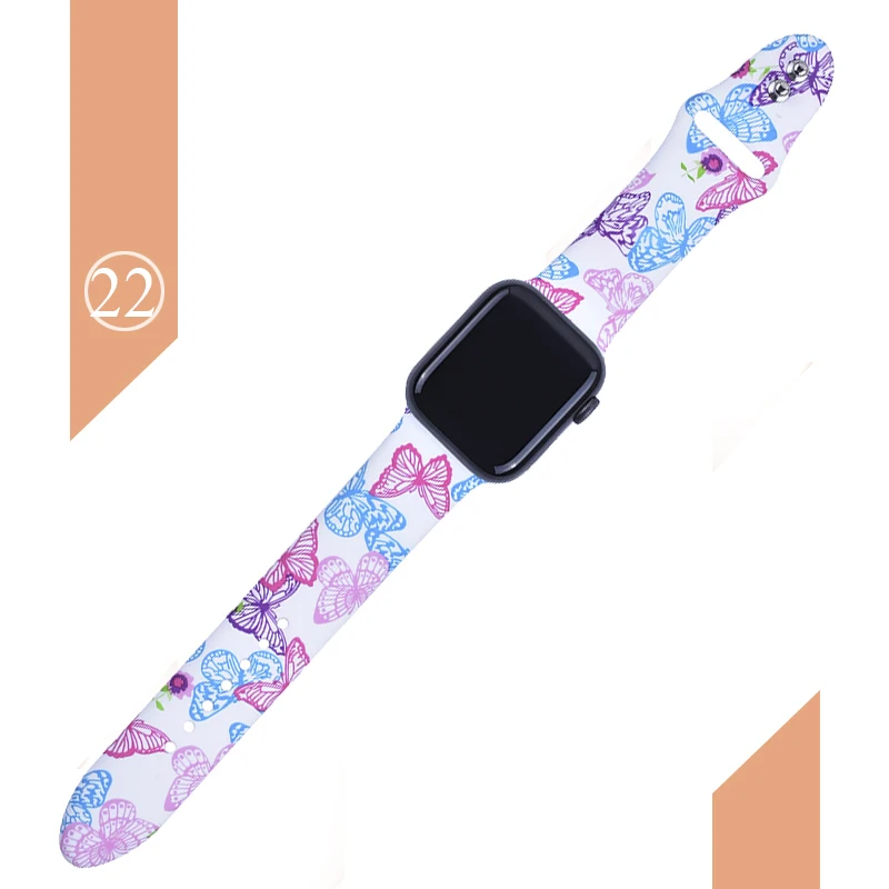 С цветочным узором ремешок для наручных часов Apple Watch 5 4 3 2 1 38/40 мм/42 44 мм мягкий печатным рисунком разноцветных силиконовых спортивный ремешок для наручных часов Iwatch, 4 Для женщин детей - Цвет ремешка: Color 22