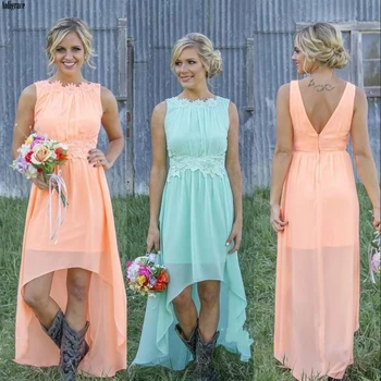 

2020 Country Short Bridesmaid Dresses Chiffon Royal Blue Ruched Pleated High Low Scoop Ruched Backless Maid Of Honor Dress