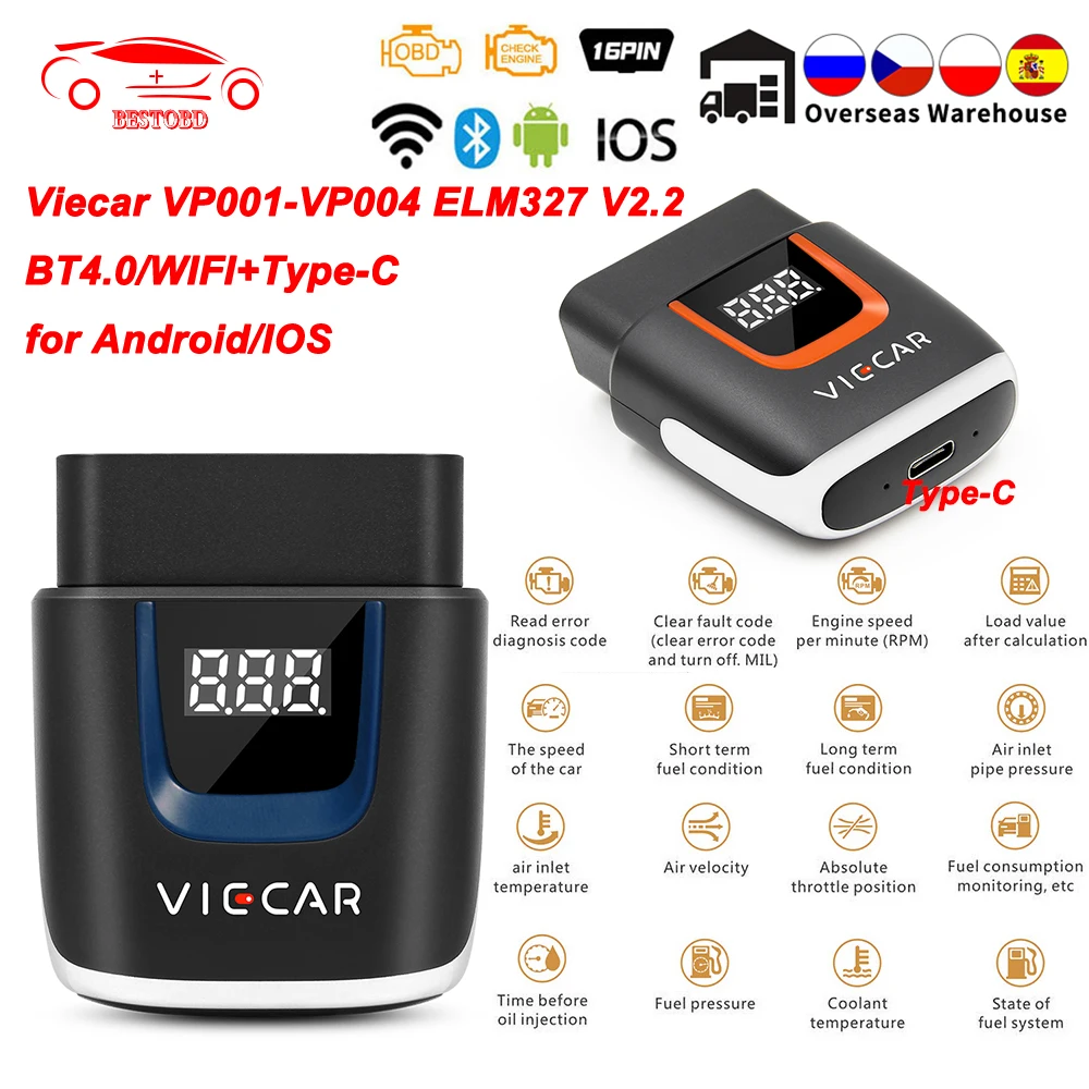 Для Android/IOS Viecar ELM327 V2.2 Bluetooth 4 0 WIFI Type C OBD 2 OBD2 PIC18F25K80 ELM 327 сканер автомобильный