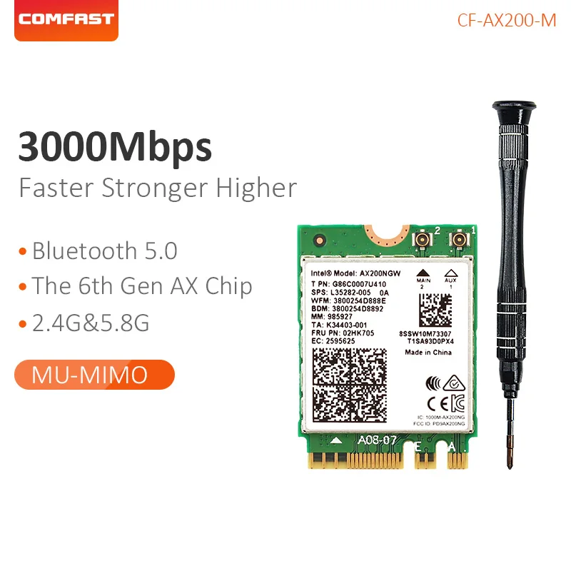 

Comfast Network Card 2.4G/5G Dual Band 2974Mbps High Speed 802.11 AX /AC Wireless Wifi 6 AX200-M Wifi Bluetooth 5.0 AX200-M