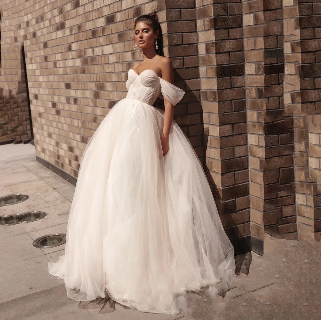 A-line Tulle Wedding Dress With Detachable Off The Shoulder Long Sleeves