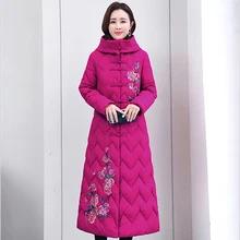 Veste épaisse en coton rembourré pour femme, manteau ample à capuche, Long, Style chinois, broderie florale, simple boutonnage, hiver