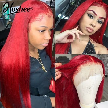 

Red Colored Transparent Lace Front Wig Pre Plucked Brazilian Remy Straight Part Lace Front Human Hair Wigs For Black Women 180%