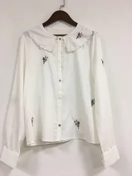 

Women Shirt 2020 Spring and Summer New Embroidery White Cotton Shirt Navy Collar Long Sleeve