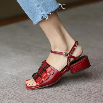 

MLJUESE 2021 women sandals Cow leather buckle strap red color open toe low heels beaches sandals party dress wedding