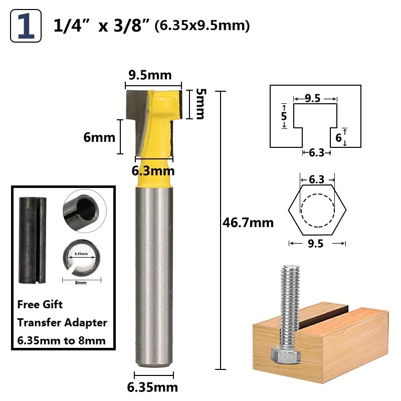 1/4 ''1/2'' 8 мм хвостовик Т-образный Фрезерный резак Замочная скважина винтовой резец с ЧПУ фрезерные инструменты деревообрабатывающие фрезы - Длина режущей кромки: 6.35x9.5mm